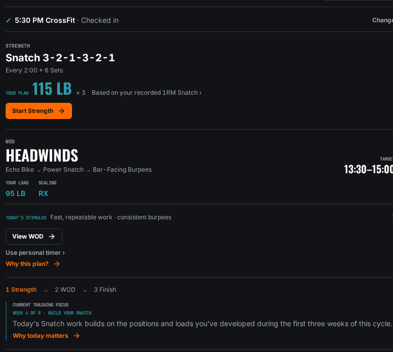BARK prototype athlete view showing personalized training guidance