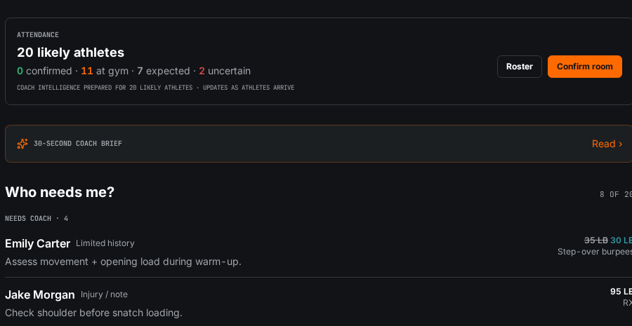 BARK prototype coach view showing class preparation context